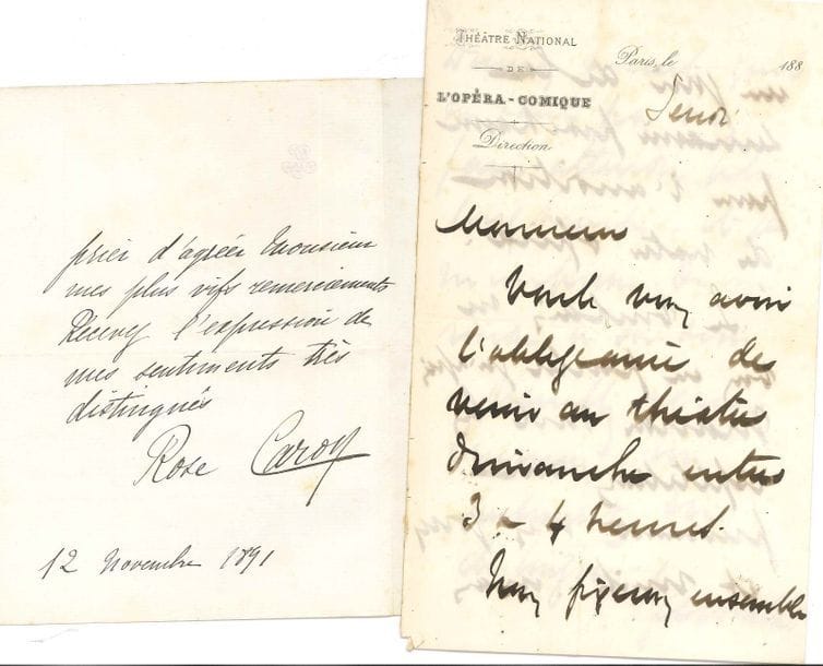 OPÉRA. 4 L.A.S., XIXe-XXe siècle, la plupart à en-tête.{CR}   Rose Caron (remerciements à un critique, pour les éloges qu’il lui adresse dans son article sur Lohengrin, 1891), Léon Carvalho (à l’auteur d’un opéra-comique, évoquant les répétitions de Manon à l’Opéra-Comique, [fin 1893]), Pierre-Barthélemy Gheusi (invitant Alpi à venir plus souvent à l’O.C., 1933), Charles Malherbe (à un collègue, 1910).