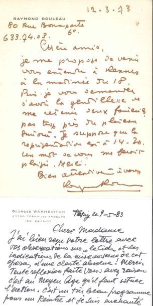 OPÉRA. 7 L.A.S. adressées à Christiane Issartel. Mirella Freni, Raymond Rouleau, Giorgio Strehler, Georges Wakhevitch (4, une au sujet de son dernier décor pour Le Cid de Massenet). Plus une carte de visite des Georges Jouatte.