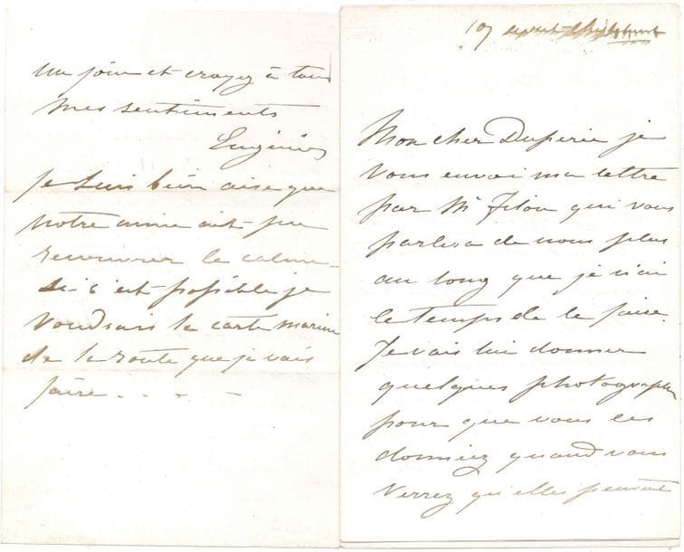 EUGÉNIE (1826-1920) Impératrice, femme de Napoléon III. L.A.S., Chislehurst 17 août [1871], au vice-amiral Victor-Auguste Duperré ; 8 pages in-8.{CR}   Très belle et émouvante lettre du début de son exil anglais. Elle va lui faire passer par Filon quelques photographies « pour que vous les donniez quand vous verrez qu’elles peuvent faire plaisir ». Elle compte quitter l’Angleterre le 9 septembre, et il faudra lui écrire au nom de Doña Maria Juana Flower à Madrid, mais l’adresse étant celle de sa mère, « il faut être très circonspect à cause de la poste française »... Elle évoque « le mariage de d’Espeuilles » [Antonin d’Espeuilles avec Caroline Maret de Bassano, le 7 septembre 1871] qui « va vous réunir tous à Paris, il y a des vies qui commencent, et d’autres qui finissent ou qui se trainent. Tout marche comme par le passé, mais que de naufrages douloureux, que de vides que rien ne comble... Mais enfin je suis heureuse quand je sais que ceux qui ont vécu si longtemps de notre vie ont un souvenir pour nous aujourd’hui. Tous ceux qui viennent de France nous disent que la vérité fait son chemin doucement mais sûrement. On prétend que l’enquête sera sérieuse et on espère qu’elle sera dans son entier connue du public »... Filon lui parlera des vases et objets qui lui appartiennent, et qui sont chez Duperré. Puis, à propos de son voyage, elle demande « par quel degré se trouve Cherbourg, Brest et Biarritz, afin de suivre un peu ma route, et faire que ma pensée traverse l’espace pour vous porter à tous un souvenir ». Elle prie aussi de lui envoyer un annuaire de la Marine « et un de ces cahiers où se trouvaient tous les noms des batiments de la flotte c’est un souvenir que je veux garder – vous savez sans doute que tous mes livres sont brûlés. Si on vend ceux de L’Aigle [le yacht impérial, sur lequel elle avait inauguré le Canal de Suez] je voudrais les racheter mais si on n’en parle pas il vaut mieux n’en rien dire pour que l’idée ne leur vienne pas de détruire le bateau