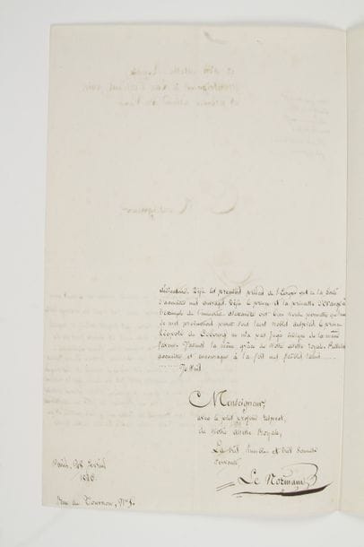 Marie-Adélaïde LE NORMAND (1772-1843) célèbre voyante et cartomancienne, amie de Joséphine de Beauharnais, et femme de lettres. L.A.S., Paris 28 février 1826, à Son Altesse Royale, Monseigneur, le duc d’Orléans [futur Louis-Philippe] ; 2 pages in-fol.{CR}   Elle lui présente son ouvrage sur la mort de l’Empereur de Russie Alexandre Ier : « Cet auguste prince, si regretté et si digne de l’être, voulut bien dans les beaux jours de sa glorieuse carrière, honorer la mémoire d’une femme également célèbre par sa bonté, et par son étonnante fortune. En me faisant l’honneur d’accepter la dédicace des Mémoires secrets et historiques de Joséphine, souffrez auguste petit-fils de Henri, que la personne qui fut entourée d’une si grande protection puisse réclamer celle de Votre Altesse Royale !... J’ose la supplier de jeter un œil favorable sur les Mémoires d’un Français en Russie, que je vais publier, et de m’autoriser à placer votre illustre nom à la tête de mon épitre dédicatoire »...