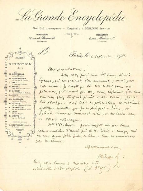 Philippe BERTHELOT (1866-1934) diplomate et homme politique. 107 L.A.S., Paris vers 1897-1904 et s.d., à Jules Huret (3 à Madame) ; 144 pages formats divers, la plupart à en-tête Affaires étrangères ou La Grande encyclopédie, qqs adresses et enveloppes. Importante correspondance. Critiques à l’égard du Figaro, plaintes concernant l’insertion de ses articles (dont une étude sur Toulouse-Lautrec)... Allusions à l’avancement de La Grande Encyclopédie, et invitation à faire l’article « Naturalisme (littérature) » (29 octobre 1898)... Fréquentes demandes de places au spectacle : Maeterlinck, Ibsen, Goncourt, Lemaître, Dumas fils, Rostand, Becque, Wagner, Puccini, etc. Recommandations pour un protégé aux affaires étrangères... Envoi d’« échos », dont de jolis textes sur les chats de Barrès et la poésie de Moréas, etc. Rendez-vous chez Tristan Bernard, et invitations chez lui, avec Beaunier, Merrill, etc. On joint une photographie des Berthelot en robes chinoises, avec dédicace a.s. au dos, Tchentou (Chine) 2 avril 1904, et 10 cartes de visite autogr. ou a.s. au même. Plus 7 L.A.S. de son frère André Berthelot.