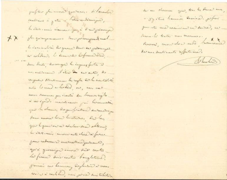 Eugène ROUHER (1814-1884) homme d’État, ministre. L.A.S., Paris 24 juin 1864, à François Barthélemy Arlès-Dufour ; 2 pages et demie in-8, en-tête Ministère d’État. Cabinet du Ministre.



Sur l’expédition du Mexique, qui est « un fait accompli, il ne s’agit désormais que d’y installer un gouvernement assez régulier pour nous permettre de ramener dans un temps prochain, en France, nos troupes du Mexique. Si ce gouvernement nouveau parvient à rétablir l’ordre, l’Amérique aura à en profiter plus encore que nous. Si l’anarchie continue à y être à l’état endémique, les États-Unis n’auront pas à s’en préoccuper plus qu’auparavant donc je comprends mal les éventualités de guerre dont se préoccupe Mr Cobden. Le devoir de la France était, sans doute, de venger les injures faites à nos nationaux. Il était en outre, de respecter strictement les règles de la neutralité entre le nord et le sud, or, nous ne nous sommes pas écartés des bonnes règles à cet égard. Maintenant j’ai la conviction que les chances de pacification en Amérique sont encore bien lointaines, dès lors que le jour où ce résultat sera obtenu, les États-Unis auront autre chose à faire pour redevenir une nation puissante, qu’à guerroyer encore soit contre la France soit contre l’Angleterre »…