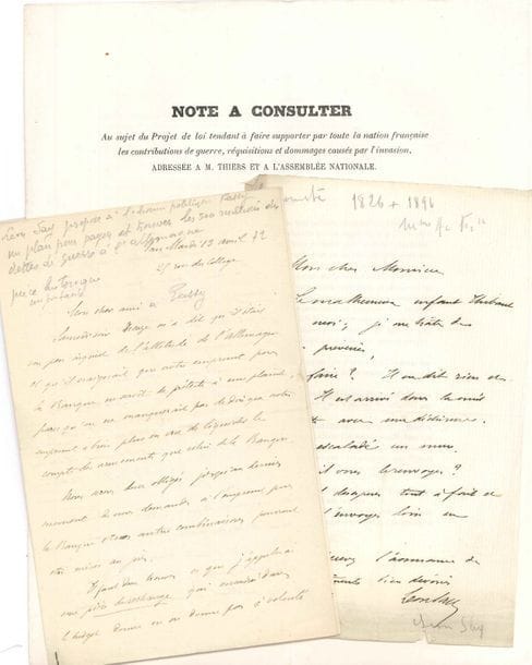 Léon SAY (1826-1896) homme politique et économiste 9 LAS et 1 LS, 1872-1888 et sd, la plupart à son ami Louis Passy ; 16 pages et quart formats divers, qqs en-têtes

Longue lettre du 13 avril [1875], à propos des indemnités à payer à l’Allemagne : le ministre des Affaires étrangères Decazes est inquiet de « l’attitude de l’Allemagne » à l’égard du projet d’emprunt « Il faut donc trouver ce que j’appellerai une pièce de rechange » : deux dotations réunies, « 100 000 000 à prendre dans un coin », etc ; « comme dans toutes les affaires, il suffit d’avoir le bout de corde »… Il entretient Passy de modifications à apporter à une lettre à Decazes, lui demande de répondre à sa demande de rester sous-secrétaire d’État, et de prendre près de lui son ancien secrétaire Foyat, indique la « formule » gouvernementale de la défense des traités de commerce… Il avise le ministre de la Marine et des Colonies [Krantz] d’une réunion de la commission des finances au sujet du budget de son département… Il n’a rien reçu de Baudrillard, et demande à un cher maître s’il a lu « la discussion anglaise sur la crise et la banque »… Il prévient de l’arrivée du « malheureux enfant Thibaut », arrivé dans la nuit après avoir escaladé un mur…

On joint une LAS de son père Horace Say à loui Passy, 15 janvier 1851, et une de Louis Wolowski comme représentant de la Seine ; plus 2 documents