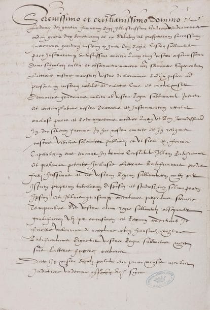 VENISE. Manuscrit, 1478 (copie du XVIe siècle) ; 3 pages et demie in-fol, cachet encre du Château de La Roche Guyon Bibliothèque, sous cartonnage moderne marron ; en latin

Ratification des traités de Venise, et lettre du Doge Andrea Vendramin à Louis XI, 1er avril 1478 Louis XI est parvenu à imposer sa protection sur les principautés italiennes, dont Venise, qu’il tient en paix malgré l’irruption des Turcs dans le Frioul et les graves crises à Milan et Florence Copie faite sur l’exemplaire établi par Le Maistre, notaire et secrétaire du roi, d’après l’original
