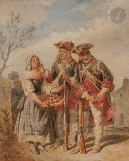 Hyppolite BELLANGE (1800-1866) 
Les fantassins et la marchande de fruits. Règne de Louis XV
Aquarelle signée et datée « 1838 » en bas à droite. Passe-partout marqué à la plume « H. BELLANGE ». 
18 x 13 cm 
Sous-verre. Cadre en pitchpin. 
A.B.E. (Petites rousseurs). 

