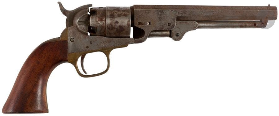 Revolver Colt Sherif, cinq coups, calibre 36. 
Finition vieillie. 
A.B.E. Reproduction, fabrication moderne italienne pour le tir. 


