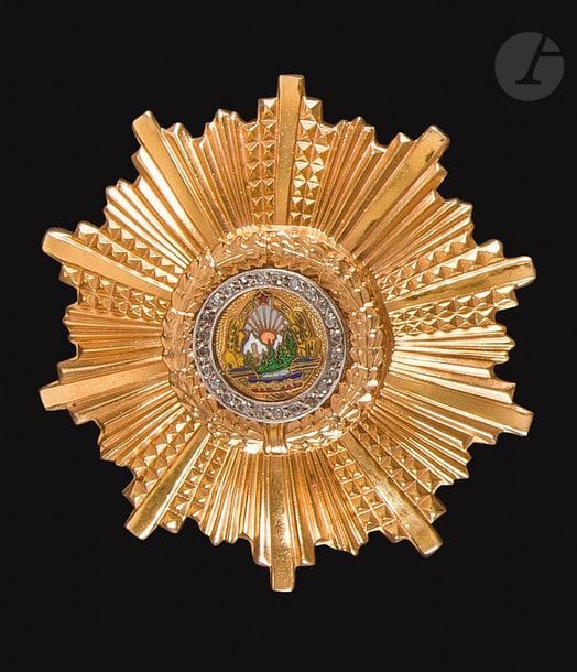ROUMANIE 
ORDRE DU 23 AOUT, créé en 1959. 
Petite plaque, en métal doré et argenté, émaillé. Revers à épingle. 
55 mm - Poids brut : 36 g
T.T.B. 


