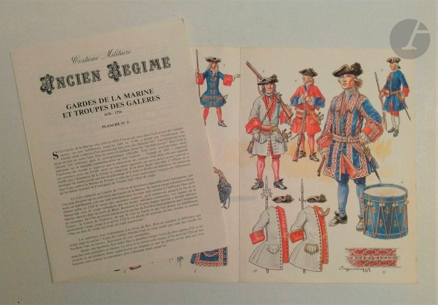 COSTUME MILITAIRE - ANCIEN RÉGIME 
Les gardes de la Marine et les Troupes de Galères. N°3. Édition du Hussard du Marais. 
Planches par Eugène LELIEPVRE

