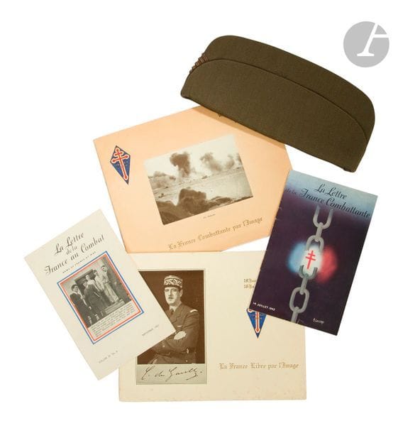 Lot de quatre fascicules France Libre – France combattante.
B.E.
On y joint un calot de colonel de couleur kaki. B.E.

