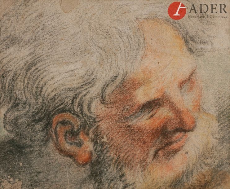 École ITALIENNE du XVIIe siècle
Tête d’homme
Pierre noire, sanguine et pastel.
(Feuille coupée sur les bords, petits manques).
16,5 x 20 cm