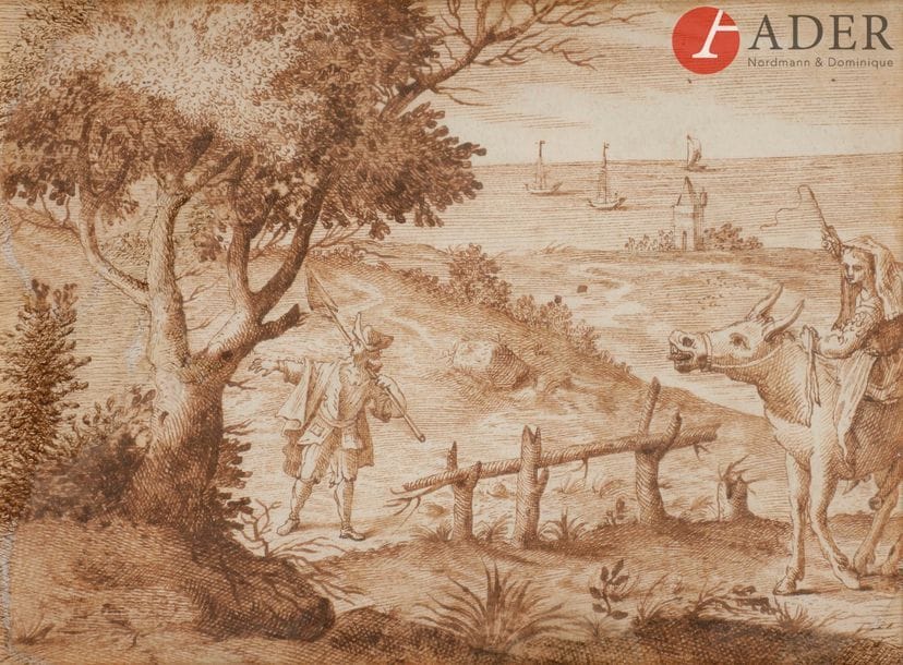 École ITALIENNE du XVIIe siècle
Paysage animé en bord de mer
Plume et encre brune.
13 x 17,5
(Nombreuses restaurations).