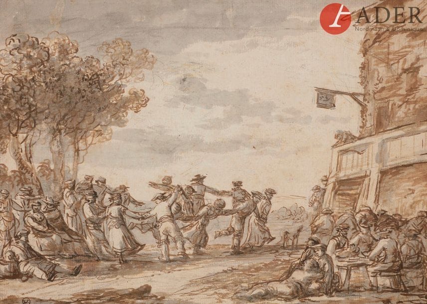 Attribué à Jean-Pierre NORBLIN de LA GOURDAINE (1745 - 1830)
Fête villageoise
Lavis brun et gris.
21 x 29,5 cm
Ancienne Collection Louis Corot (Lugt 1718).