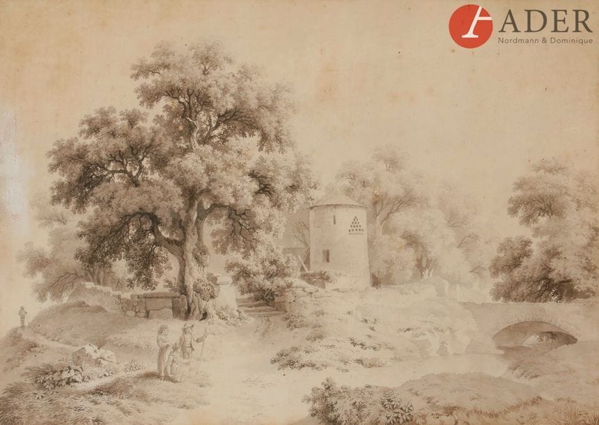 Adam TOEPFFER (1766 - 1847)
Paysage animé au pont, 1798
Plume et encre noire, lavis gris.
Signé et daté en bas vers la droite.
34 x 48,5 cm