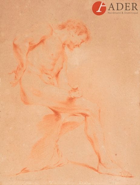 École ITALIENNE du XVIIIe siècle
étude d’homme
Sanguine.
Inscription postérieure au crayon noir.
(Collé en plein dans un montage ancien, insolé).
27 x 20,5 cm