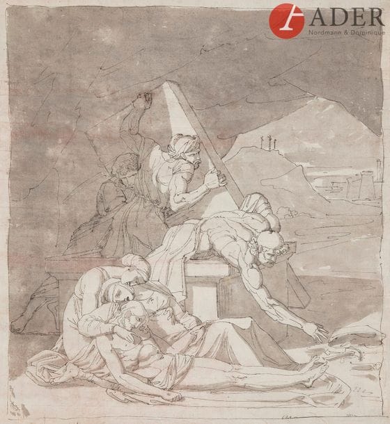 École FRANçAISE NéOCLASSIQUE
Mise au tombeau
Plume et encre de chine, lavis gris.
39 x 36 cm