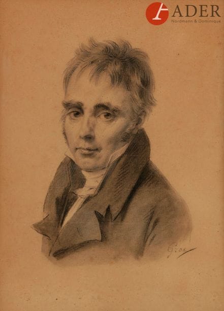 Antoine-Jean GROS 
(Paris 1771 - Meudon 1835)
Portrait de Louis Auguste Henry Desmouceaux (1760 - 1839)
Crayon noir, estompe, et gommage.
Signé en bas à droite.
(Légèrement insolé).
Une lettre autographe du Baron Gros au dos du portrait adressée au modèle, contrecollée au verso de l’encadrement et datée de 1809.
26 x 20,5 cm