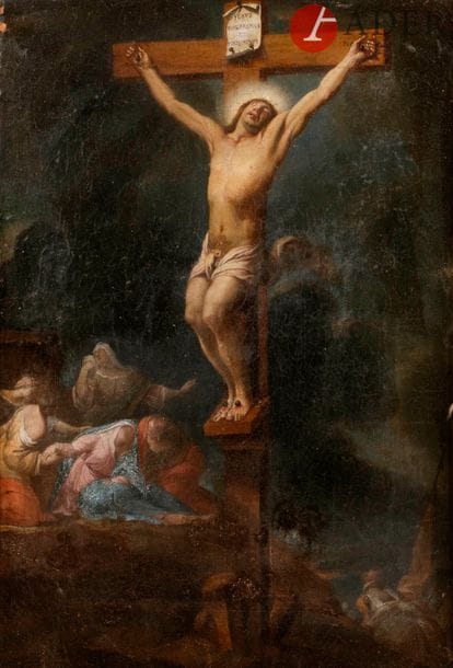 École FRANÇAISE vers 1650
La crucifixion
Toile
56,5 x 38,5 cm
Manques et restaurations anciennes.
Cadre ancien