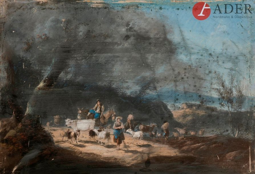 Jean PILLEMENT 
(Lyon, 1728 - Lyon, 1808)
Paysage aux bergers
Papier marouflé sur toile
37 x 53,5 cm
Signé et daté en bas à gauche à la hampe du pinceau : P. .lement/an 5 .. R 
Accidents et manques