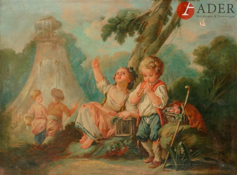 École FRANÇAISE du XVIIIe siècle, 
suiveur de François BOUCHER
La cage aux oiseaux
Toile 
73 x 55 cm
Restaurations anciennes et accidents
