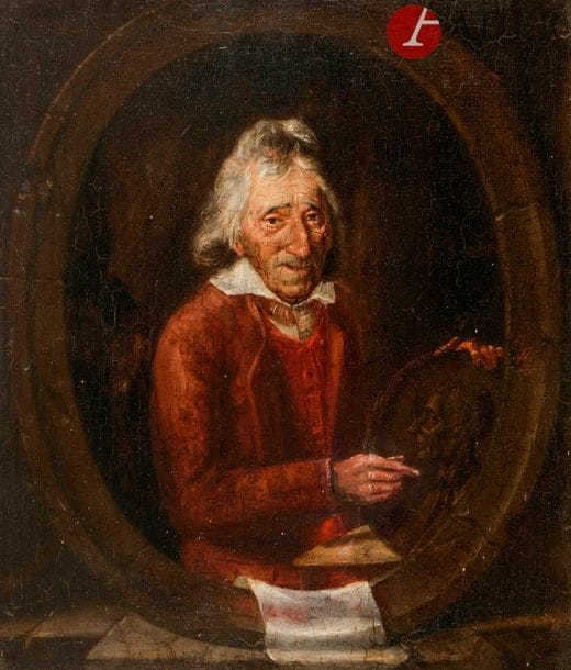 École FRANÇAISE 1808, 
BARINCOU MONTBRUN***
Portrait d’un homme présentant un portrait de Montesquieu 
Panneau de noyer et filassé, une planche, non parqueté 
31 x 26,5 cm
Restaurations anciennes
Au revers du panneau, deux étiquettes dont une : AM 93 / Arnaud de mo… dit Marenne / natif … agé de/ 82 ans … du grand/ Montesquieu peint par/ Barincou Montbrun…