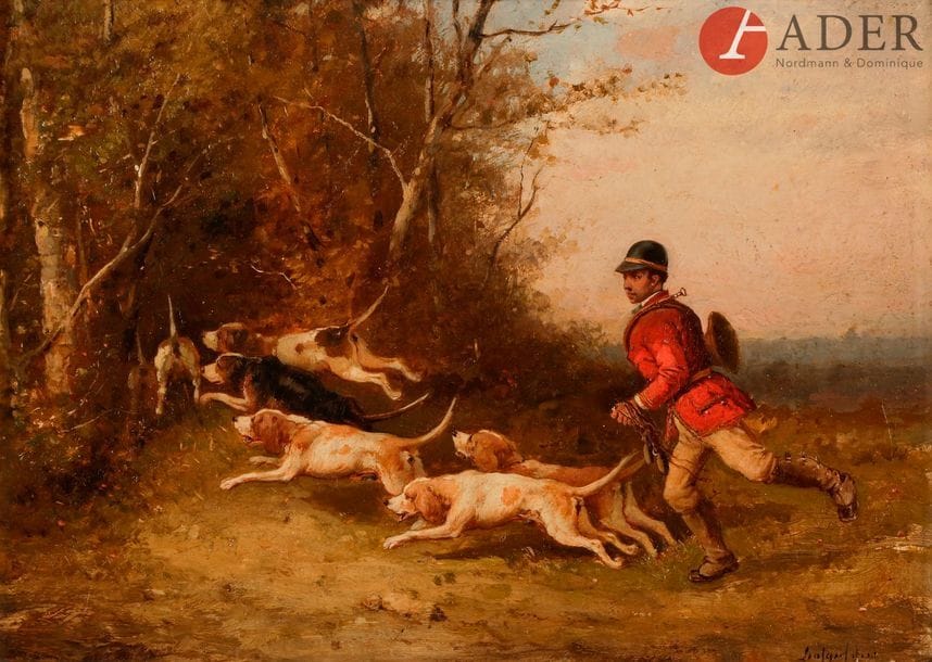 Attribué à François Louis LANFANT de METZ (1814 - 1892)
Scène de chasse à courre
Panneau 
17 x 23 cm
Trace de signature en bas à droite : Lanfant de …