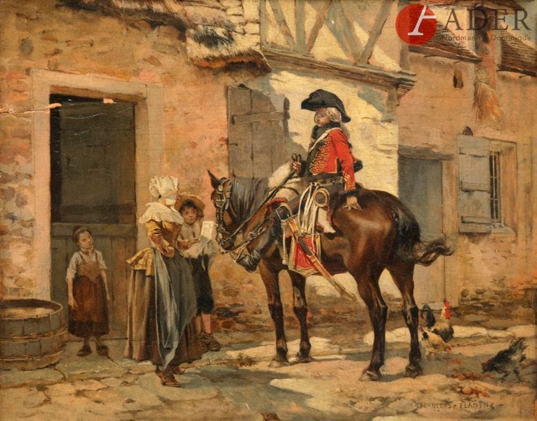 François FLAMENG (1856 - 1923)
Le Messager
Panneau parqueté
Signée en bas à droite.
(Petite fente au panneau, et petits manques).
19,5 x 24,5 cm