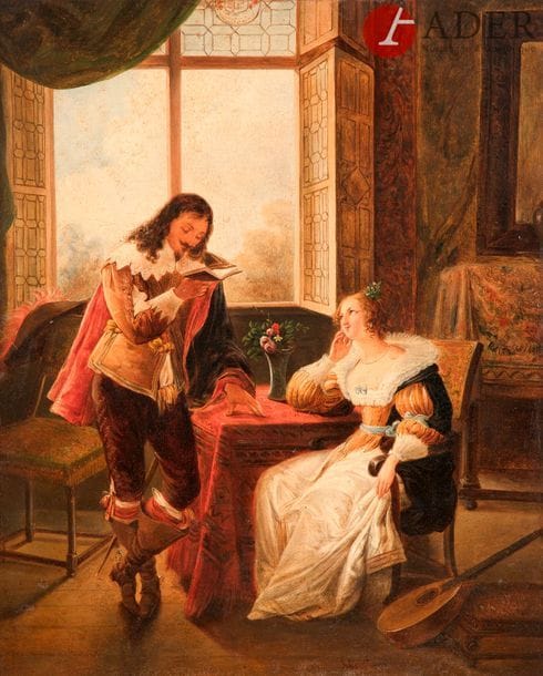 École FRANÇAISE, 1834, Julie FRANCOIS***
Louis XIII et madame de Lavallière
Toile
40 x 32,5 cm
Signée et datée en bas au centre : Julie François 1834 (?)
Au revers du châssis, une inscription :
Fin le 29/ décembre 1934
Restaurations anciennes