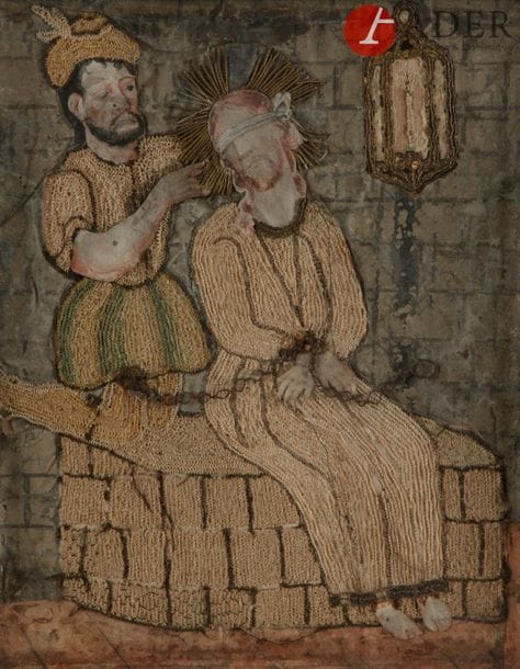 Broderie en fils de soie et d’or, soie peinte et papier découpé polychrome représentant le Couronnement du Christ.
XVIIe siècle
H : 25,7 cm, L : 21 cm
Dans un cadre mouluré peint en noir.
(quelques accidents et manques)