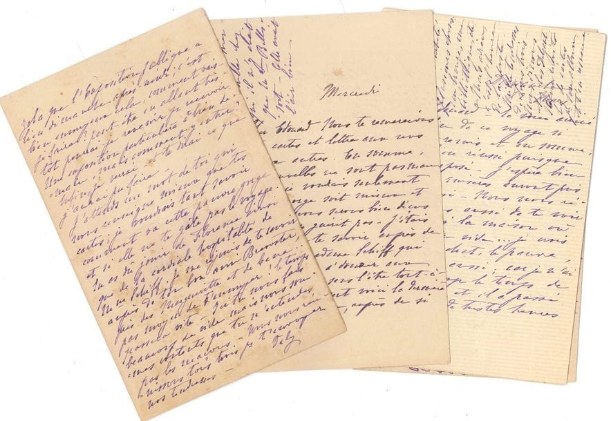 [Édouard ROD]. 68 L.A.S. de sa femme Valentine (« Vally »), 1891-1909, à Édouard Rod ; plus de 160 pages in-8 ou in-12 et 27 cartes postales.    Belle correspondance de son épouse, qui signe le plus souvent « Ta Valy », la plupart écrites lors des fréquents voyages de Rod en Suisse et en Italie (Lausanne, Genève Rome, Sicile : 1903-1904, 1905, 1906, 1907). [6-14 mars 1903]. 4 très intéressantes lettres à propos de la vente Zola [Hôtel Drouot 9-13 mars 1903] : « Les tableaux de Cézanne se sont vendus fort chers » ; « Fasquelle a acheté les poupées italiennes » ; Mme Zola se dit mécontente du résultat de la vente, etc. Nouvelles de la famille et de la santé des enfants Francis et Marie… Elle raconte sa vie à Paris, ses sorties au théâtre ou au concert, ses nombreuses visites mondaines, celles des amis et des connaissances mondaines et littéraires… Allusion dans une lettre à l’Affaire Dreyfus dont elle déplore l’agitation et les témoignages de Picquart… Elle s’occupe des retours et renvois d’épreuves, du suivi de sa correspondance ; elle va prendre les eaux à Vichy ; part en vacances en famille (à Mâcon) alors que Rod reste à Paris… Janvier 1906 : 8 lettres à Rod qui, de retour d’Italie, est allé au chevet de Nancy Vuille à Genève : agonie, puis décès de Nancy, avec de grandes démonstrations d’affection de Valy et Marie… Elle se réjouit qu’il soit de retour à temps pour les élections présidentielles… Préparatifs d’une grande soirée dansante (11 février 1907)… Émouvante lettre à Rod qui se trouve au chevet de son ami Brewster (13 juin 1908)... Etc.     On joint un ensemble familial de 38 L.A.S. de Marie et Francis à leurs parents, 1903-1908 (certaines autour de la maladie et du décès de Nancy Vuille, qui était la marraine de Francis) ; 7 L.A.S de son beau-frère et 2 de son cousin à lui adressées ; 1 L.A.S. du père de Rod (1890) ; et 6 L.A.S. de condoléances adressées à Mme Édouard Rod après le décès de Rod (29 janvier 1910) : Mme Paule Barrès, René Boylesve, René Doumic