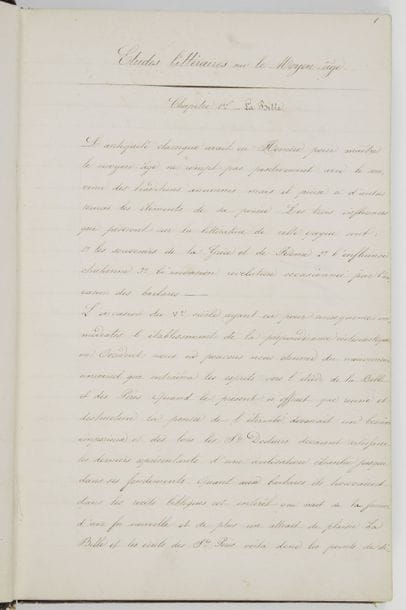 Éva GONZALES (1849-1883) peintre, amie et élève de Manet ; elle épousa (1879) le peintre-graveur Henri Guérard. Manuscrit autographe signé « Eva Gonzalès », Études littéraires sur le Moyen Âge ; volume in-8 de 210 pages, cartonnage d’époque dos basane noire (dos restauré).    Rare manuscrit de jeunesse (Éva Gonzalès mourut à l’âge de 34 ans).    Cahier de cours ou de notes de lecture, signé en fin, rassemblant des textes sur les origines bibliques de notre littérature, la littérature sous Charlemagne, la scolastique (Abélard), les poésies des bardes, les jongleurs, les trouvères, les romans allégoriques (Roman du Renard, Roman de la Rose), les mystères, miracles et pastorales, les chroniqueurs (Villehardouin, Joinville)… Quelques aperçus des littératures espagnole et italienne, de l’architecture médiévale ; tableau des Croisades.    On joint un poème autographe signé par Auguste Lefebvre, dédié A Mlle Eva Gonzalès. 
