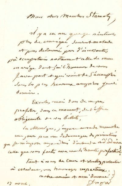Jean-Dominique INGRES. L.A.S., Paris 17 avril [1852], au pianiste Camille Stamaty ; 1 page in-8.    Sur la musique et sur son remariage [Ingres épouse le 15 avril 1852, en deuxièmes noces, Delphine Ramel].    « Il y a un an que je n’entends plus de musique, souvent malade et puis détourné par d’incessantes préoccupations nottament celle de mon mariage dont j’ai l’honneur de vous faire part et qui vient de s’accomplir sous les plus heureux auspices jeudi dernier ». Il regrette « de ne pas profiter, dans ce moment de l’offre obligeante de vos billets. La Musique, j’espère, aura sa revanche un jour pour me dédommager des privations que je m’impose aujourd’hui d’entendre et d’admirer celle que vous faites avec une si haute perfection ! »…  
