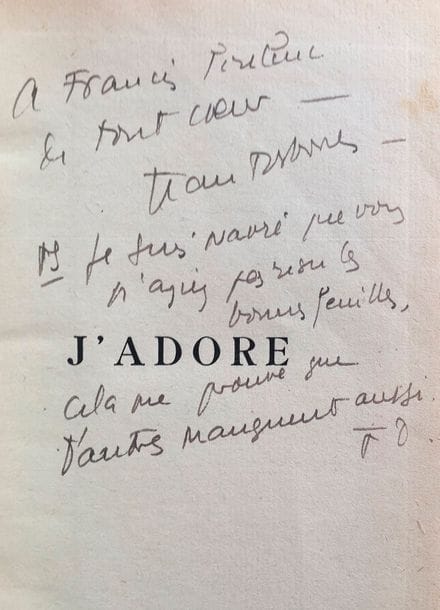 Jean COCTEAU. Le Mystère laïc (Giorgio De Chirico), essai d’étude indirecte, avec cinq dessins de Giorgio De Chirico (Éditions des Quatre Chemins, 1928) ; petit in-8, broché, couverture rempliée.    Édition originale tirée à 3000 exemplaires, un des 2875 sur papier de Rives à la forme (n° 350). Envoi autographe sur le faux-titre : « à [nom effacé] de tout cœur [étoile] Jean ».    On joint : Jean DESBORDES. J’adore. Préface de Jean Cocteau (Bernard Grasset, 1928) ; in-8, cartonnage, couverture et dos conservés. Édition originale (S.P.). Envoi autographe sur le faux-titre : « à Francis Poulenc de tout cœur – Jean Desbordes. PS Je suis navré que vous n’ayez pas reçu les bonnes feuilles, cela me prouve que d’autres manquent aussi. J.D. ». 
