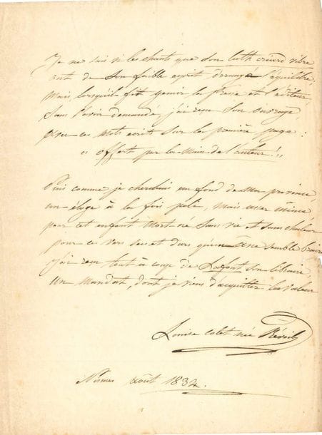 Louise COLET Poème autographe signé, Portrait, Nîmes août 1834 ; 3 pages in-4 (un bord un peu effrangé).    Pièce de 7 strophes, raillant un mauvais auteur dans le milieu corrompu de l’édition.                                        « C’est un de ces frêlons de la littérature,                                           Qui, d’auteurs en auteurs, butinent leur pâture,                                           Forment péniblement, de ce qu’ils ont volé,                                           Un volume indigent, et de vers, et de prose,                                           Où, sur le frontispice un article les pose                                                       En noir démon échevelé ! »… 

