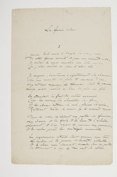 Lucie DELARUE-MARDRUS (1880-1945). Poème autographe signé, La Ferme vide ; 2 pages et demie in-fol.  Beau poème de treize quatrains :                               « Assise toute seule à l’angle du vieux mur                                  De cette ferme ouverte et pour un moment vide,                                  Je sentais le repos combler mon être avide »...    On joint une L.S. de Judith Cladel (1911), pétition pour la fondation d’un Musée Rodin. 
