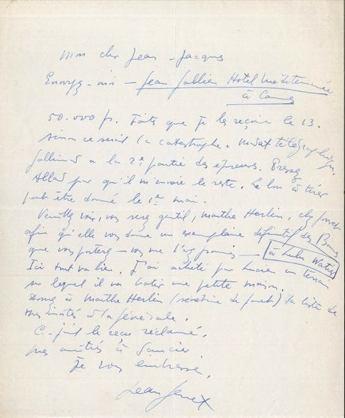 Jean GENET (1910-1986). 3 L.A.S., 2 P.A.S. et 1 L.S., Paris et Cannes 1947, à Jean-Jacques Pauvert ; 5 pages in-4 (une déchirée en plusieurs morceaux) et 1 page oblong in-8, 2 enveloppes.    Sur ses pièces Haute surveillance, et Les Bonnes [celle-ci fut créée à l’Athénée le 19 avril 1947].    Paris 27 janvier 1947. Cession de Haute surveillance (titre ajouté à la main) à 60 exemplaires hors commerce. « La propriété cédée est celle de la copie dactylographiée de cette pièce […] Pour cet abandon de droits, je recevrai 130.000 fr. dont 30 (trente) à remise du manuscrit, et 100 (cent), le 15 mars 1947 »… [Cannes fin mars 1947]. « Voulez-vous avoir la gentillesse de m’envoyer le plus tôt possible recommandé la version de Haute surveillance corrigée par Barrault. Faites aussi que les 50.000 fr. m’arrivent pour le 13. Envoyez un mandat télégraphique au nom de Jean Gallien Hôtel Méditerrannée Cannes. Je sais que je vous dois 5.000 fr. Mais je serais content si vous les reteniez à la fin, sur le dernier versement »… [Cannes 31 mars 1947]. « Soyez gentil de me faire parvenir la dactylographie de Haute surveillance, celle qui est corrigée par Barrault. […] Dites-moi si vos rapports avec Gallimard sont aussi cordiaux »… Il donne les coordonnées à Cannes de Mme Maglia, avec qui Pauvert devra traiter « pour nos prochaines affaires »… [Cannes 7 avril 1947]. « Envoyez-moi – Jean Gallien Hôtel Méditerranée à Cannes 50.000 fr. Faites que je les reçoive le 13. Sinon ce serait la catastrophe. Mandat télégraphique. Gallimard a la 2e partie des épreuves. Pressez Allard pour qu’il m’envoie le reste. Le bon à tirer peut être donné le 1er mai. Veuillez voir, vous serez gentil, Marthe Herlin, chez Jouvet afin qu’elle vous donne un exemplaire définitif des Bonnes que vous porterez – vous me l’avez promis – à Lulu Watier. Ici tout va bien. J’ai acheté pour Lucien un terrain sur lequel il va bâtir une petite maison »… Il faut aussi donner à Marthe Herlin la liste des invités à la générale…    D