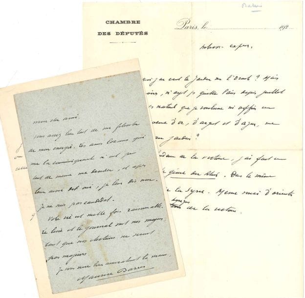 Maurice BARRÈS. P.A., [1922 ?] ; 1 page in-4 à en-tête de la Chambre des Députés.    « Pourquoi ai-je écrit le Jardin sur l’Oronte ? Mais après les années noires, n’ayant pas quitté Paris depuis juillet 1914, n’était-il pas naturel que je voulusse m’offrir un plaisir, écrire un poème d’or, d’argent et d’azur, me donner un concert au jardin ? » Il rappelle qu’il a fait un cours à l’Université de Strasbourg « sur le Génie du Rhin. Dans le même esprit, je veux parler de la Syrie. Même souci d’orienter les imaginations vers les horizons de la victoire ».    On joint 2 L.A.S. de Barrès, renonçant à être candidat, et remerciant pour des « memoranda » ; 2 lettres de sa femme Paule (1925-1930) ; et 2 L.A.S. de son fils Philippe Barrès à Émile Buré (1930), à propos de l’œuvre de son père .