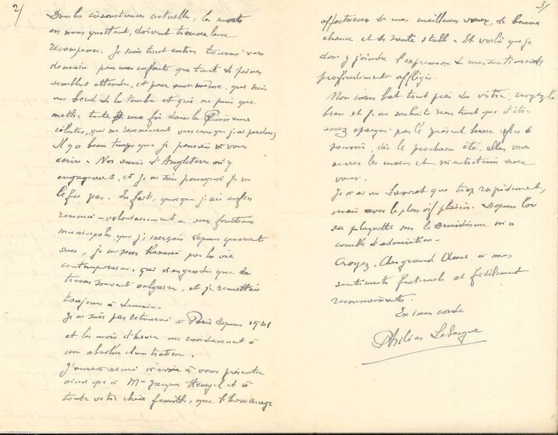 "Philéas LEBESGUE (1869-1958) 10 LAS et 7 LS, La Neuville-Vault (Oise) 1946-1951, à son ami Jacques Heugel ; 32 pages formats divers
Correspondance amicale du poète et ésotériste, principalement sur l’œuvre de Jacques Heugel (Essais sur la poésie française, conférence sur Victor Hugo, Poèmes, Souvenirs d’autres mondes…), avec allusions à ses propres souffrances : santé, mort de son fils, nostalgie de ses années fructueuses…"
