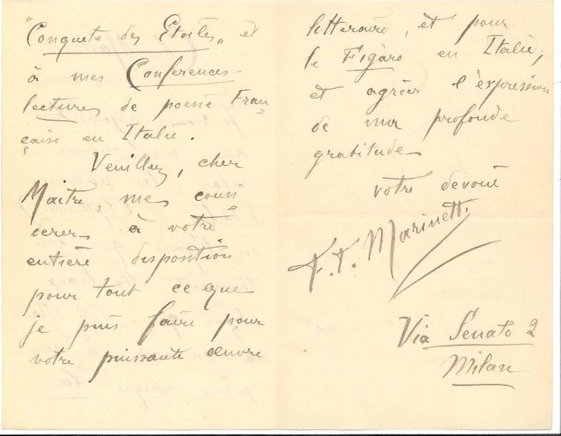 Filippo Tommaso MARINETTI (1876-1944). L.A.S., [septembre 1902], à Jules Huret, « Cher Maître et ami » ; 3 pages in-8 plus carte de visite avec son adresse autographe (trous d’épingle).    « Je reçois aujourd’hui, avec un énorme retard, les numéros (12 août et 2 septembre) du Figaro qui contiennent les beaux éloges que Mr Glaser a consacré à mon poème épique La Conquête des Étoiles et à mes Conférences-lectures de poésie française en Italie. Veuillez, cher Maître, me considérer à votre entière disposition pour tout ce que je puis faire pour votre puissante œuvre littéraire, et pour le Figaro en Italie »... 
