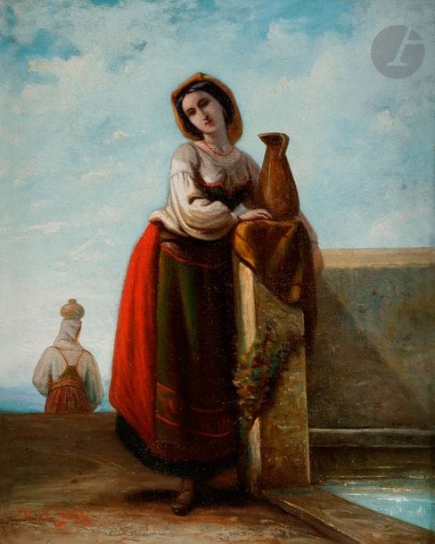 Henri Le Secq (1818-1882)
Jeune fille italienne à la fontaine, c. 1845-1850.
Huile sur toile. Signature du peintre en bas à gauche. Restaurations. 
40,5 x 32 cm - cadre

Henri Le Secq rejoint Paul Delaroche et Gustave Le Gray à Rome en 1845. Durant cette période, il produit des toiles dans la tradition des scènes de genre italiennes qu’il expose au salon à Paris en 1845 et 1846.