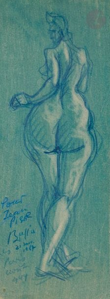 Brassaï (Gyula Halasz, dit) (1899-1984) 
Nu de dos, 1944.
Dessin au crayon bleu signé, daté et dédicacé en bas à gauche « Pour Jean-Pierre - Brassaï - 21 janv. 1967 - Paris 1944 ».
24 x 8,7 cm 

Provenance :
Collection Claudine et Jean-Pierre Sudre. 
