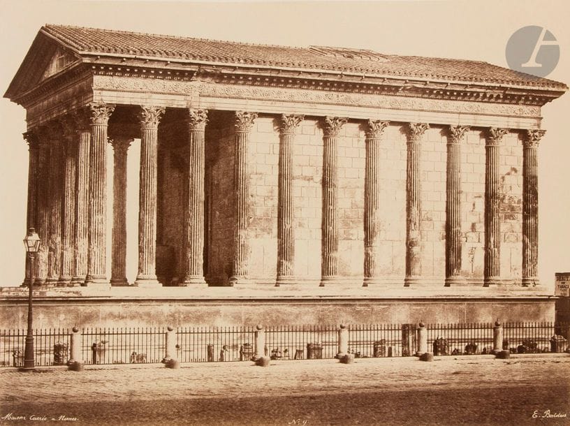 Édouard Baldus (1813-1889)
Maison carrée à Nîmes, 1853.
Épreuve sur papier albuminé, d’après négatif papier, contrecollée sur carton, signée, légendée et référencée « N°9 » dans le négatif. Tampon-signature « E. Baldus » sur le montage en bas à droite. 
32,5 x 43,8 cm 

Bibliographie :
Malcolm Daniel, The Photographs of Édouard Baldus, New York, Metropolitan Museum of Art, 1994, p. 31. 