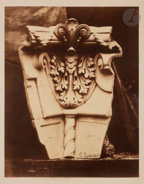 C. Leprètre (sculpteur)
Moulages. Sculptures ornementales. Volutes à feuilles d’Acanthes, 1868. 
Deux (2) épreuves sur papier albuminé contrecollées sur cartons. Signature et date sur les épreuves à l’encre noire. 
22 x 17 et 26,5 x 20 cm