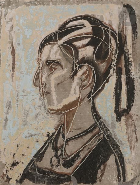 Sanko INOUE [japonais] (1899-1981)
Profil de femme, 1955
Gouache et grattage.
Signée et datée en bas à droite.
(Manques).
30 x 23 cm