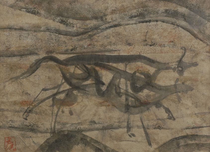 Sanko INOUE [japonais] (1899-1981)
Running the cow
Encre et lavis.
Porte le cachet rouge de l’artiste.
Signée et titrée au dos sur le montage.
23 x 32 cm