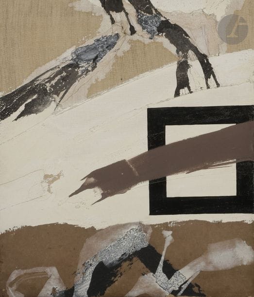 John Franklin KOENIG [américain] 
(1924-2008)
Carnoir, 1968
Huile et collage sur toile.
Signée et datée en bas à droite.
Signée, datée et titrée au dos.
55 x 46 cm