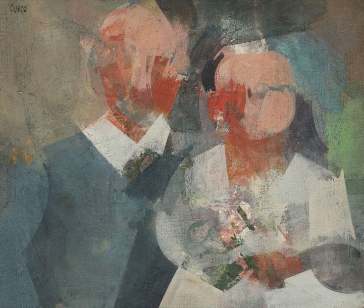 Henri CUECO (1929-2017)
Les Mariés
Huile sur toile.
Signée en en haut à gauche.
Signée et titrée au dos.
46 x 55 cm