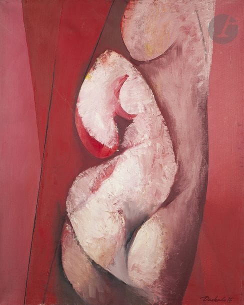 Georgi DASKALOFF [bulgare] (1923-2005)
étreinte, 1967
Huile sur toile.
Signée en bas à droite.
Signée, datée et titrée au dos.
81 x 65 cm