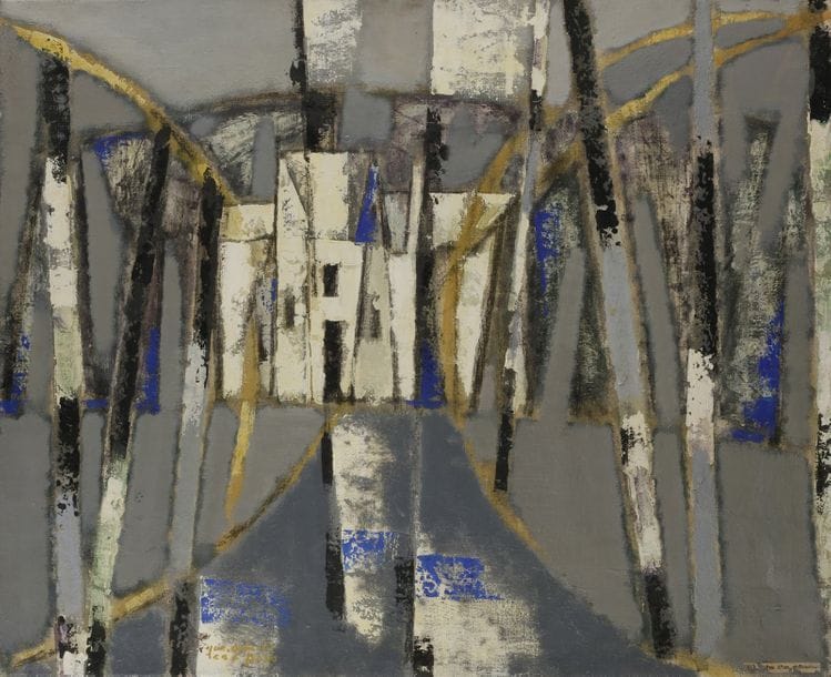 Jun DOBASHI [japonais] 
(1910-1975)
Rêve d’un château, 1953
Huile sur toile.
Signée en bas à gauche.
Signée et titrée au dos sur le châssis.
60 x 73 cm