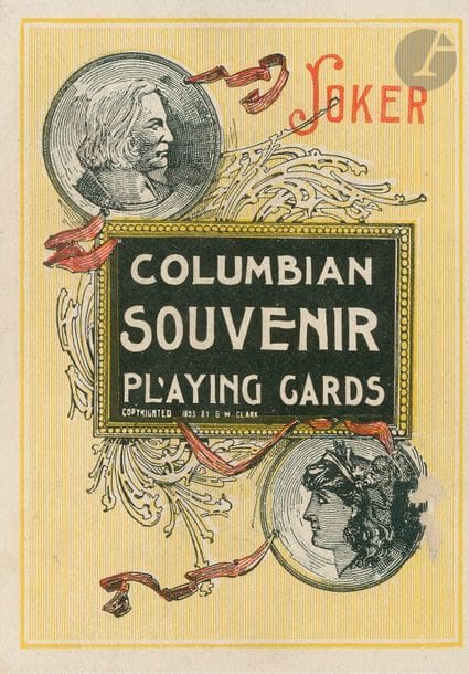 Columbian Souvenir Playing Cards : Chicago, 1893 ; 52/52 cartes + joker et débris d’étui ; chromolithographie; ch. carte est illustrée d’un partie de l’expo « Colombienne » de 1893. BE. 