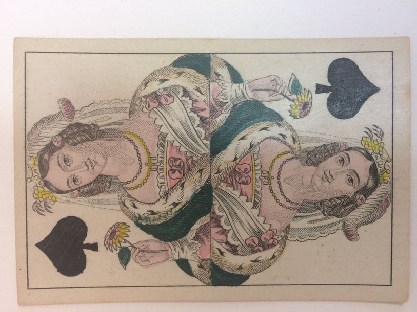 Portrait XP 1, « Grabuge » : Lattmann ?, c.1870 ; 52/52 cartes, toutes à pique, coins carrés ; 91 x 60 mm ; dos petites étoiles bleues ; TBE. 